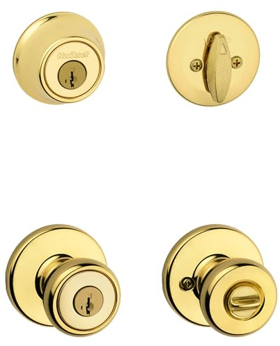 Kwikset Tylo Front Door Lock Handle and Deadbolt Set, Entry Handleset Exterior with Interior Door Knob, Polished Brass, Pick Resistant SmartKey Rekey Deadbolt Security