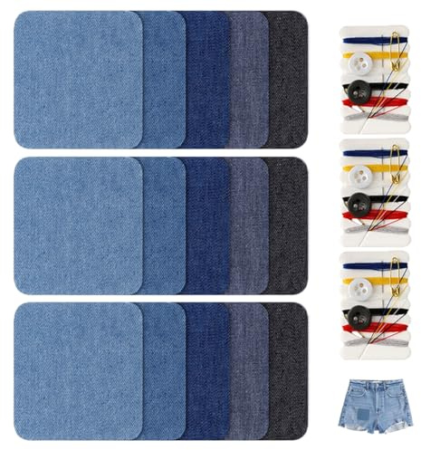 15 Stück Jeans Flicken Zum Aufbügeln, 7.8×7.8CM Stoff-Reparaturflicken Jeans Flicken Bügelflicken Mit Nähzeug Innen und Außen Aufbügelflicken für Kleidung Lochreparatur und Dekoration(Fünf Farben)