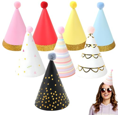 YAZWUR 8 Stück Partyhüte Geburtstag Set – wieder verwendbare Kegel-Partyhüte mit Pompons, 8 verschiedene Designs, Kindergeburtstags-Accessoires für Familienfeiern, Kinder und Erwachsene (Bunt)