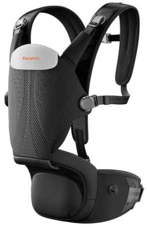 Fenarrio Ergonomische Babytrage mit Hüftsitz, 4D-Gitterpolsterung, Modulares 2-teiliges Tragesystem, Front-Magnetverschluss, Atmungsaktiv, Für verschiedene Tragepositionen Schwarz