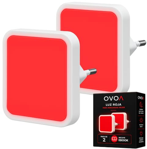 Luz Roja Nocturna Enchufable | Pack de 2 + Ebook | Luces Rojas Nocturna Melatonina para Dormir Mejor | Luz Roja Bebé y Luces Rojas Enchufe Antiflicker | Noche Relajante Sueño, Descanso y Bienestar