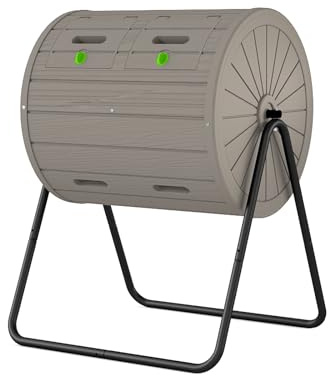 TimberAura 37.5 Gallon Premium Resin Composting Tumbler - Dual Chamber Outdoor Rotating Compost Bin - Heavy Duty 8-Sided Tumbling Composter with Galvanized Steel Stand for Garden & Yard Waste, Taupe