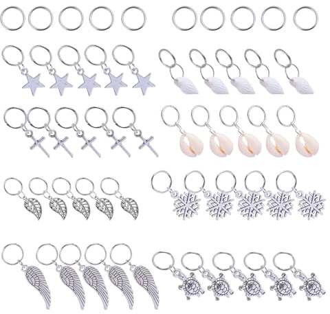 JOINPAYA 50 Stück Haarringe aus Legierung und Muschel mit Blättern und Sternen Praktischer Haarschmuck für Zöpfe Silbernes Modisches Design für Weihnachts und Kostümpartys