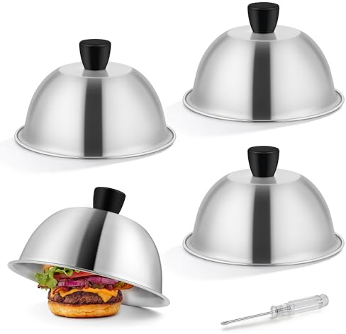 Herogo Cheese Melting Dome, 6 Inch Stainless Steel Burger Cover Set of 4 | Round Steaming Cover, Small Basting Cover with Heat Resistant Handle, Ideal for Griddle BBQ Teppanyaki, Dishwasher Safe