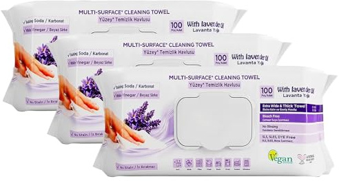 3 x Multi Surface Cleaning Wipes Lavender Pack of 100 - Extra Thick Household Cleaning Towels with Baking Soda & Vinegar, All Purpose Kitchen & Bathroom Cleaner for Tiles, Glass, Sink & Furniture