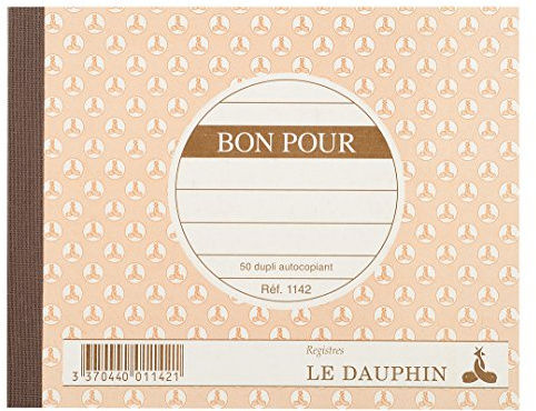 Le Dauphin - Réf. 1142D - Lot de 10 manifolds BON POUR - papier autocopiant - duplicata (1 original et 1 copie) - 50 feuillets - format 10,5 x 13,5 cm - couverture vernie