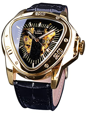 Winner, Orologio da polso meccanico da uomo, alla moda, con quadrante da corsa triangolare, impermeabile, con movimento automatico e cinturino in pelle, Nero e oro.