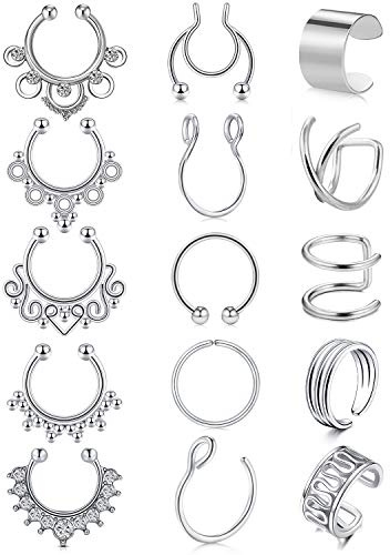 JFORYOU 15 Piezas Aro de Nariz Falso Juego de Aro de Acero Inoxidable Anilla de Nariz Labio Oreja Joyería de Piercing Clip de Cartílago sin Agujero Joyería de Cuerpo