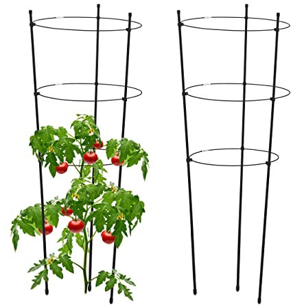 Relaxdays Tuteur pour tomates, Plantes grimpantes, Lot de 2, métal & Plastique, 3 Anneaux réglables, Hauteur 76 cm, Noir
