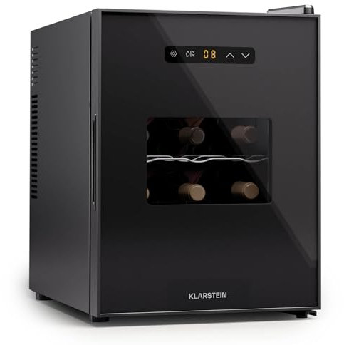 KLARSTEIN Nevera para vino independiente 1 zona, Nevera para bebidas pequeña, Nevera para vino pequeña, con puerta de cristal, Nevera para botellas interior/exterior, 12 botellas