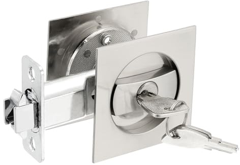 PATIKIL Recessed Pocket Door Lock, Silver, Zinc Alloy, 80 x 27mm Deadbolt, 66mm Handle Diameter, Suitable for 35-50mm Door Thickness, Privacy Sliding Door Lock for Bedroom, Bathroom, Barn Door