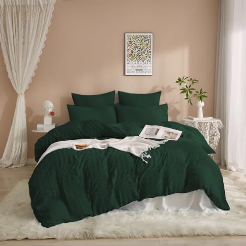 DXHOME Seersucker Ropa de cama de 4 piezas, verde oscuro, microfibra suave, reversible, funda nórdica con cremallera y 2 fundas de almohada de 80 x 80 cm