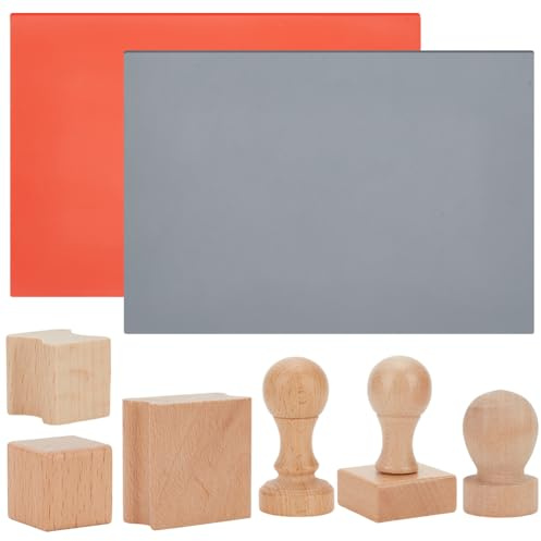 BENECREAT Kit de sellos con goma, 14 bloques de madera en blanco para sellos, 3 sellos de madera en blanco con mango y 2 hojas A4 gris y rojo de goma para hacer tarjetas de bricolaje