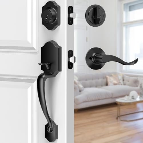 MAXECURITY Black Front Door Handle and Deadbolt Set, Classic Lock With Matte Exterior Lever, Reversible Entry for Right & Left Handed