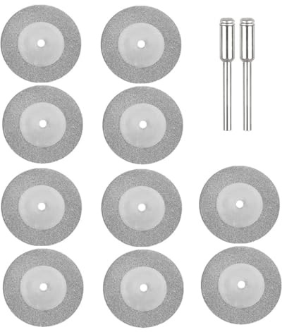 MiJunHD 10PCS 30mm Diamond Cutting Discs & 2PCS 3mm Shank Mandrel, Rotary Tool Diamond Cutting Wheel Kit for Metal Tile Wood Glass Marble Plastic Jade (Cutting Blade without Holes)