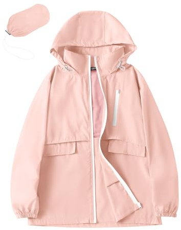Avoogue Lightweight Raincoat Walking Jacket Women Waterproof Windbreaker Summer Packable Outdoor Hood Rain Poncho (Pink, L)