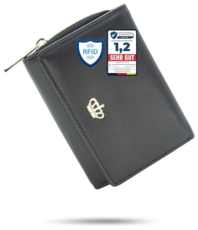 Baur Damen Geldbörse – Echtes Nappaleder mit RFID-Schutz – Portemonnaie mit Druckknopfverschluss, 6 Kartenfächern und Münzfach mit Metall-Reißverschluss (Schwarz, Gold Reißverschluss)