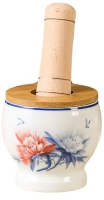 Mortaio con Pestello Macinazione in ceramica con mortaio e pestello in legno Smerigliatrice for aglio in ceramica Spremiaglio da cucina Smerigliatrice for spezie domestica Molcajete per Pesto o Spezie