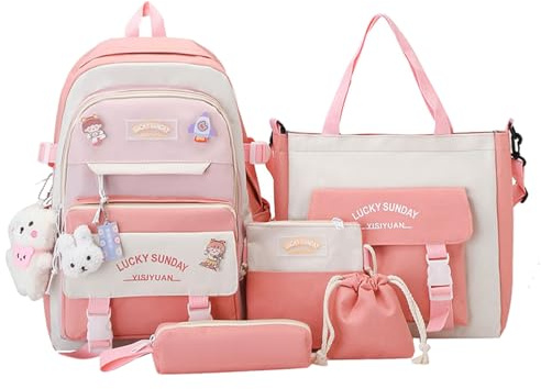 Skolryggsäck set - 5 delar canvas ryggsäck set, skolryggsäckar för barn sommar eller skola | Tonårsflickor bokväska, skolryggsäckar för pojkar, studenter, barn, tonåringar, Rosa, riferimento alla