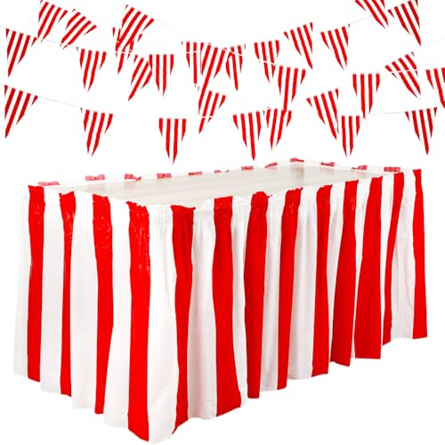 NimblusToy Gonne da Tavolo a Righe Rosse e Bianche, Bandierine Triangolari a Righe Bianche e Rosse, 41 Pezzi Decorazioni per Feste a Tema Carnevale, Feste di Carnevale, 73 * 426cm, 20m