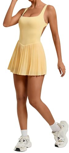Bauzuoyo Vestido de tenis para mujer con pantalones, vestido de golf, sin mangas, espalda descubierta, fitness, yoga, ropa deportiva, cuello cuadrado, para exteriores, verano, minivestido monocolor