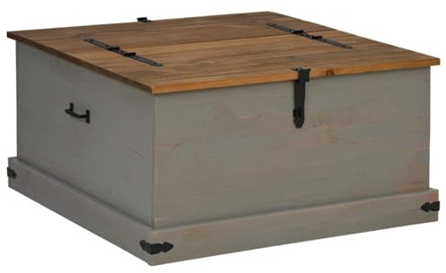 Qnhdfrt Baule HALDEN - Tavolino da caffè grigio, 91 x 91 x 47 cm, in legno massello di pino, quadrato, grande cassapanca con dettagli in metallo, per soggiorno e corridoio, tavolo in legno con spazio