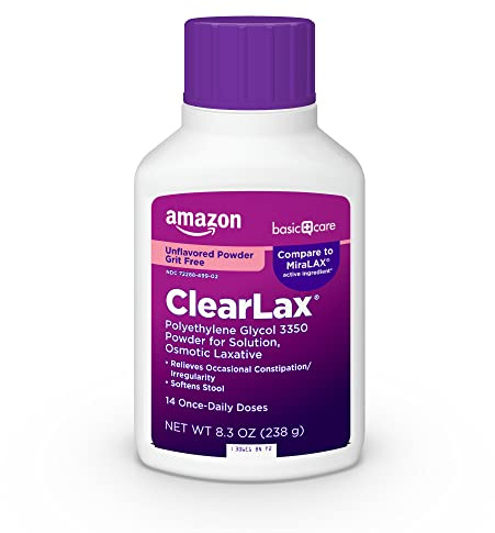 Amazon Basic Care ClearLax, Polyethylene Glycol 3350 Powder for Solution, Osmotic Laxative, Unflavored, 8.3 ounce (Pack of 1)