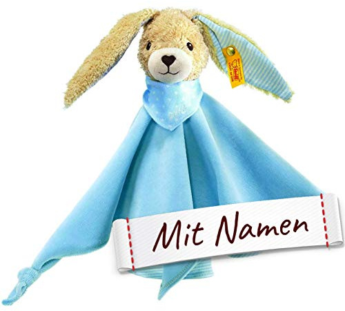 LALALO Steiff Hoppel Hase Schmusetuch Bestickt mit Namen für Baby & Kinder personalisiert, Kuscheltuch, 100% Bio Baumwolle, 28 cm (Blau)