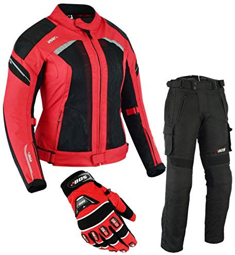 BOSmoto DAMEN MOTORRADKOMBI JACKE + HOSE + HANDSCHUHEN - BIKE MOTORRAD ROCKER TOURING in verschiedenen farben (XL, Rot)