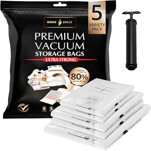 GENIE SPACE Premium Vacuum Storage Bags for Clothes, Bedding and Travel, Variety 5-Pack (1 Maxi + 2XL + 2L), Airtight, Reusable and Odour-Proof Space Saver Bags with Double Seal and Travel Pump