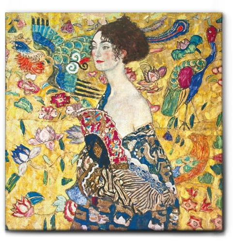 Giallobus - Gemälde - Gustav Klimt - Dame mit Ventilator - Leinwand mit Standardrahmen - 70L x 70l cm - Bereit zum Aufhängen - Moderne Gemälde