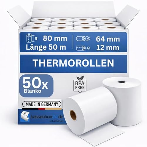 Kassenbon24.de Thermorollen 80x64x12mm – 50m | 50 Stück | 55g/m² Extra Stark BPA-frei | Bonrollen für Kassendrucker POS-Systeme Bondrucker | Kassenrollen Thermopapier