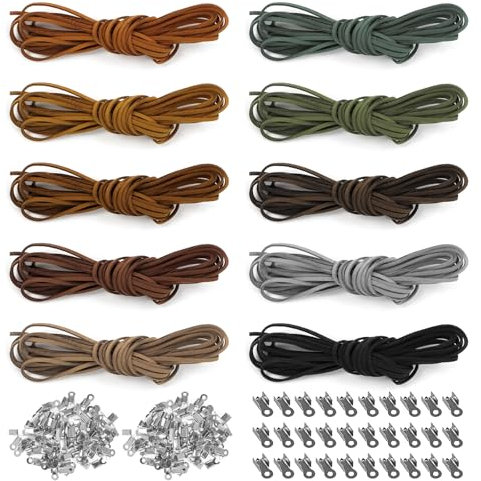Yangfei Lädersladd, 10 rullar läderskosnören med 100 st dragsnodd, lädersnöre för halsband, läderarmband för smyckestillverkning (5 M/rulle)