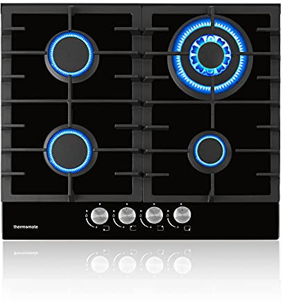 ThermoMate GHBG604 Plaque de Cuisson Gaz 4 Feuxs, Table de Cuisson gaz Encastrable 60cm avec brûleurs wok, Gaz Naturel/Propane, Verre Noir, 8000W