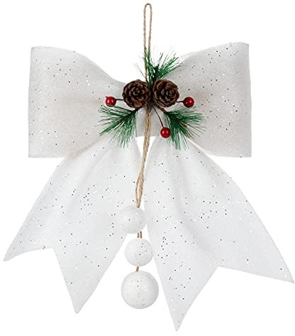 HYLYING Glitzernde Weihnachtsschleife, 30 x 35 cm, weiße Kränze, Schleifen mit roten Beeren, Tannenzapfen, Nadeln, große Glitzerschleife, Fliege für Weihnachtsbaum, Party, Geschenk, 4 Stück
