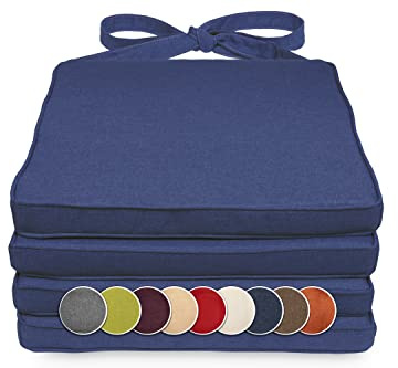 sunnypillow 4er Set Stuhlkissen 40 x 45 x 5cm | Polsterauflage Auflage für Stühle/Rattanstühle | Stuhlauflage mit Schleifenbändern | Indoor/Outdoor | Blau |