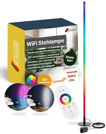 SCHWAIGER RGB LED Stehleuchte I Stehlampe mit Farbwechsel zur stimmungsvollen Ambientebeleuchtung I per Fernbedienung steuerbar I Lichtsäule mit 358 Leuchtmodi I IP50 geschützt I dimmbare Eckleuchte