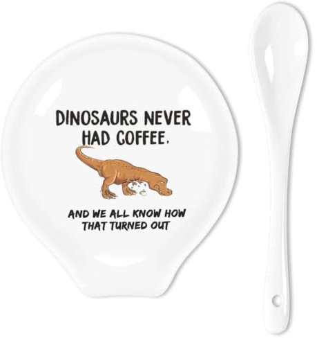 Uhealik Porte-cuillère à café en céramique avec citation amusante Dinosaures Never Had Coffee - Repose-cuillère à café - Accessoire de bar à café - Cadeau pour les amateurs de café pour homme et femme