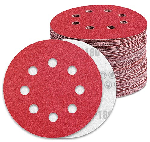 Disques Abrasifs 125mm Grain 180 Papier Poncer 100 Pièces 8 Trous Disque Poncage pour Ponceuse Excentrique