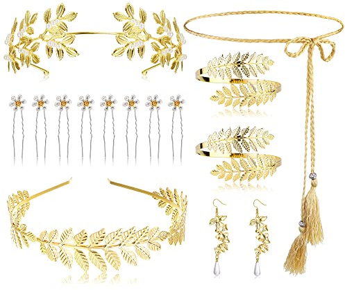 MILACOLATO Griega Diosa Disfraz Accesorios Joyas Para Mujer Dorado Laurel Hojas Corona Tiara Brazo Superior Pulsera Bobina Tocado Pendientes Cinturón Bisuteria Joyería Para Fiesta Boda Halloween 14A