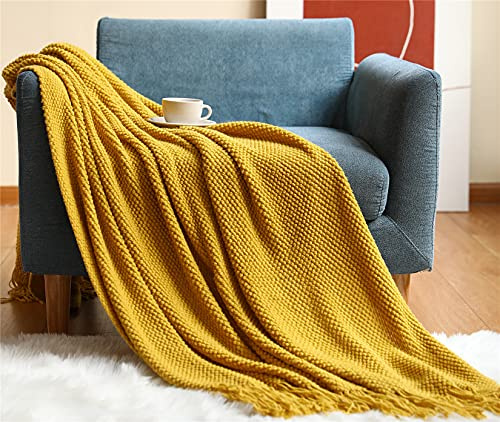 Hayisugal Wohndecke Weich Strick Decke Sofa Deck Quaste Boho Decke Kuscheldecke Sofadecke überwurf Decke für Couch Bett Sofa Stuhl, Gelb, 150 x 230cm