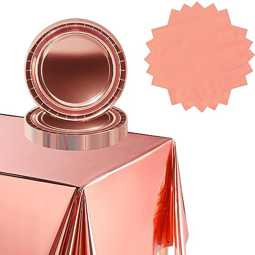 POPOYU 37 Pcs Rose Gold Party Tableware Foil Tablecloth Metallic Paper Plates 9 Inch Napkins Dinnerware Set for Birthday,Anniversary,Baby Shower,Wedding,Holiday Decorations