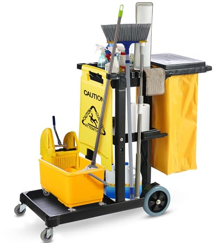 Houseables Cleaning Cart, Janitorial Cart, Cleaning Caddy with Wheels, for Housekeeping, Janitor, Custodian, House Keeping, Maintenance, Rolling Supply Organizer, Custodial, Maid, Commercial, 440 LB