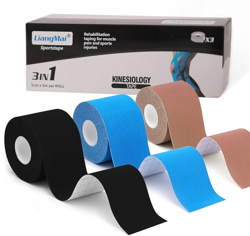 LiangMai Kinesiotapes - 3 Rollen 5cm x 5m Kinesiologie Tape Schwarz+Blau+Beige Kinesiotape, wasserfestes & elastisches Physio Tape & Sporttape - hautfreundliche Tapes für Knie Schulter Ellenbogen