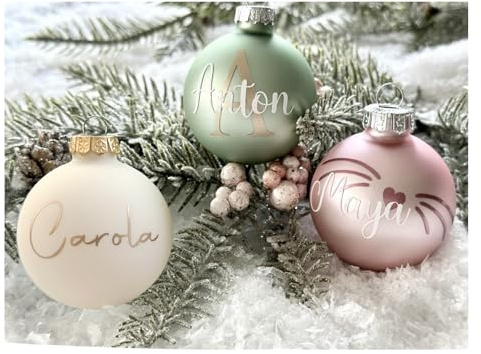 Personalisierte Weihnachtskugeln aus Glas (6 cm) – mit Name, Motiv & Anfangsbuchstabe – Farben & Schriftarten wählbar – Christbaumkugeln mit Herz, Hund, Katze, Baby, Tannenbaum