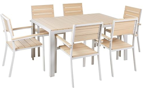 Beliani Gartenmöbel Set 7-teilig Aluminium weiß Kunstholz beige Tisch & 6 Stühle Como