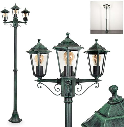 Lampada da esterni Loria, lampada da sentiero in metallo/vetro, colore nero/verde/trasparente, a 3 luci, effetto antico, altezza max. 200 cm, illuminazione da giardino IP44, 3 lampadine E27, senza