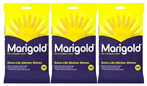 Welari Marigold 3 x 1pair Extra Life Kitchen Rubber Gloves Thank You Card Size M Medium Cotton Lined Strong Triple Layered Multipurpose Cleaning (3pair) (3pack)