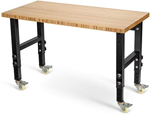 TANGZON Height Adjustable Workbench, Heavy Duty Metal Frame Wide Top Rolling Garage Work Bench with 4 Lockable Universal Wheels, Indoor Outdoor Large Workstation (4-Level Adjustable, Natural + Black)