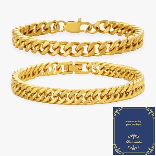 XIANNVXI 2 Pcs Gold Bracelets for Men Mens Gold Bracelet Set Gold Plated Bracelet Cuban Chain Bracelets Jewellery for Men 8.3